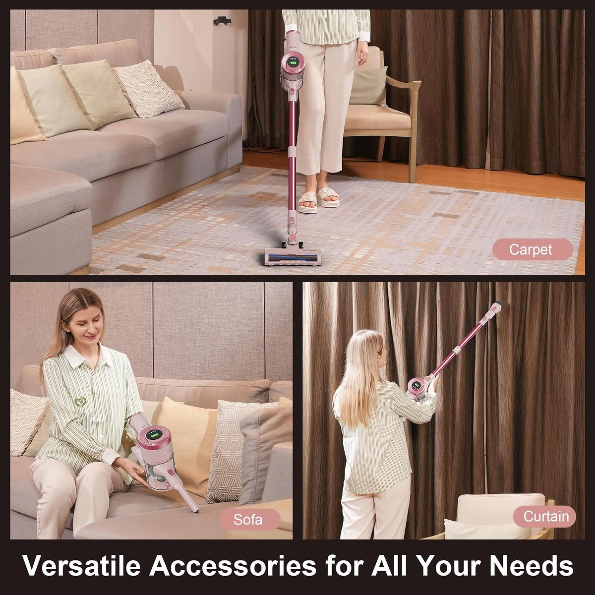 Cordless Stick Vacuum Cleaner, 30KPa Handheld Rechargeable Battery Lightweight Small Pink Vac Electirc Broom, 40Mins Runtime for Home Hard Floor Carpet Pet Hair Cleaning, LED Screen