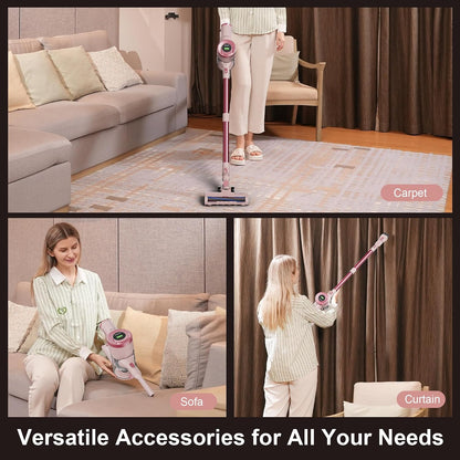 Cordless Stick Vacuum Cleaner, 30KPa Handheld Rechargeable Battery Lightweight Small Pink Vac Electirc Broom, 40Mins Runtime for Home Hard Floor Carpet Pet Hair Cleaning, LED Screen