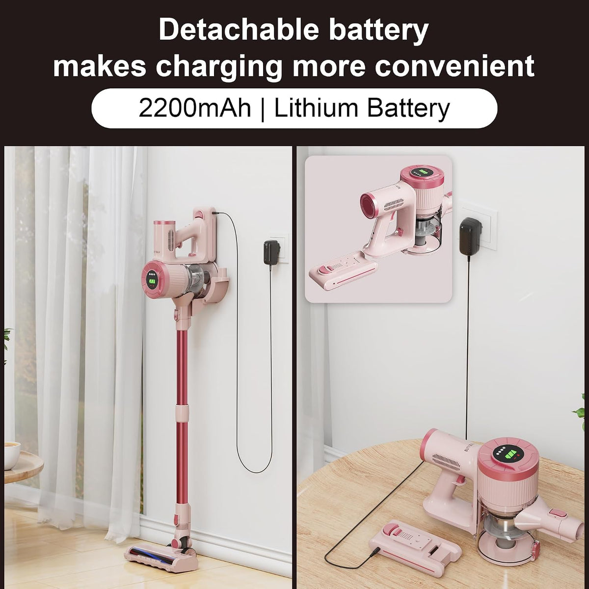 Cordless Stick Vacuum Cleaner, 30KPa Handheld Rechargeable Battery Lightweight Small Pink Vac Electirc Broom, 40Mins Runtime for Home Hard Floor Carpet Pet Hair Cleaning, LED Screen