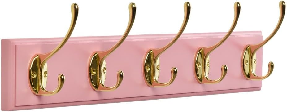 Wall Mount Bamboo Coat Rack, 17 Inch 5 Double Hooks, Pink and Gold