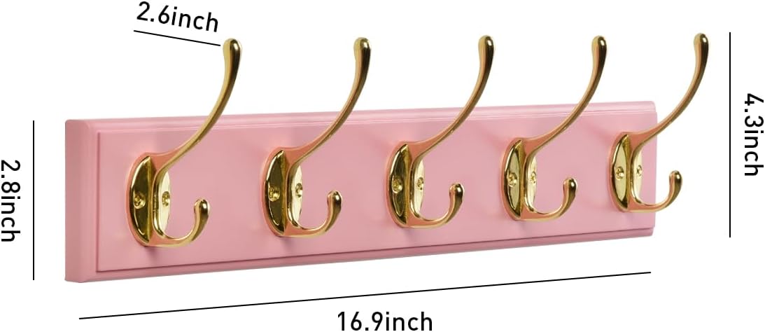 Wall Mount Bamboo Coat Rack, 17 Inch 5 Double Hooks, Pink and Gold