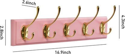 Wall Mount Bamboo Coat Rack, 17 Inch 5 Double Hooks, Pink and Gold