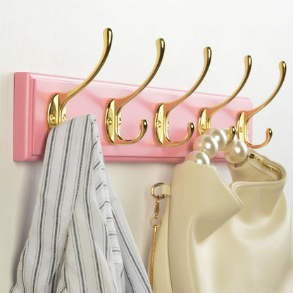 Wall Mount Bamboo Coat Rack, 17 Inch 5 Double Hooks, Pink and Gold