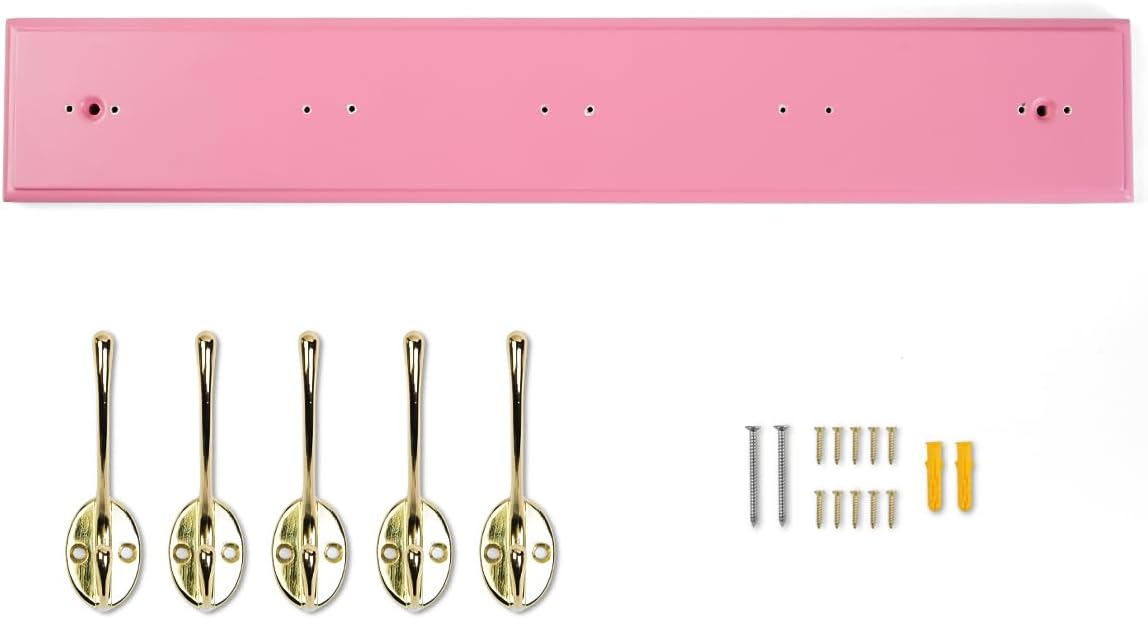Wall Mount Bamboo Coat Rack, 17 Inch 5 Double Hooks, Pink and Gold
