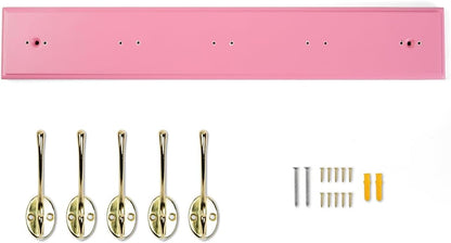 Wall Mount Bamboo Coat Rack, 17 Inch 5 Double Hooks, Pink and Gold
