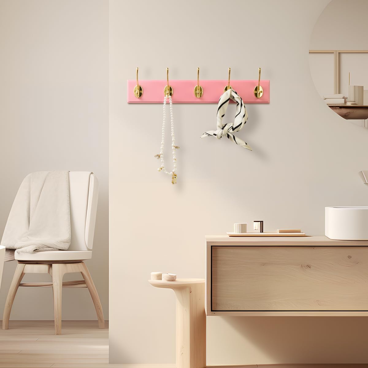 Wall Mount Bamboo Coat Rack, 17 Inch 5 Double Hooks, Pink and Gold