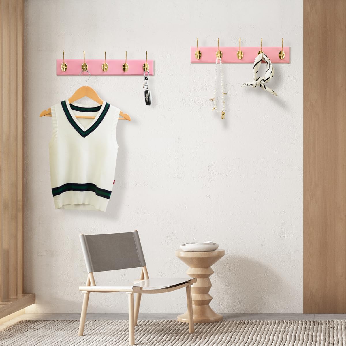 Wall Mount Bamboo Coat Rack, 17 Inch 5 Double Hooks, Pink and Gold