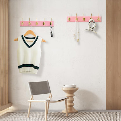 Wall Mount Bamboo Coat Rack, 17 Inch 5 Double Hooks, Pink and Gold