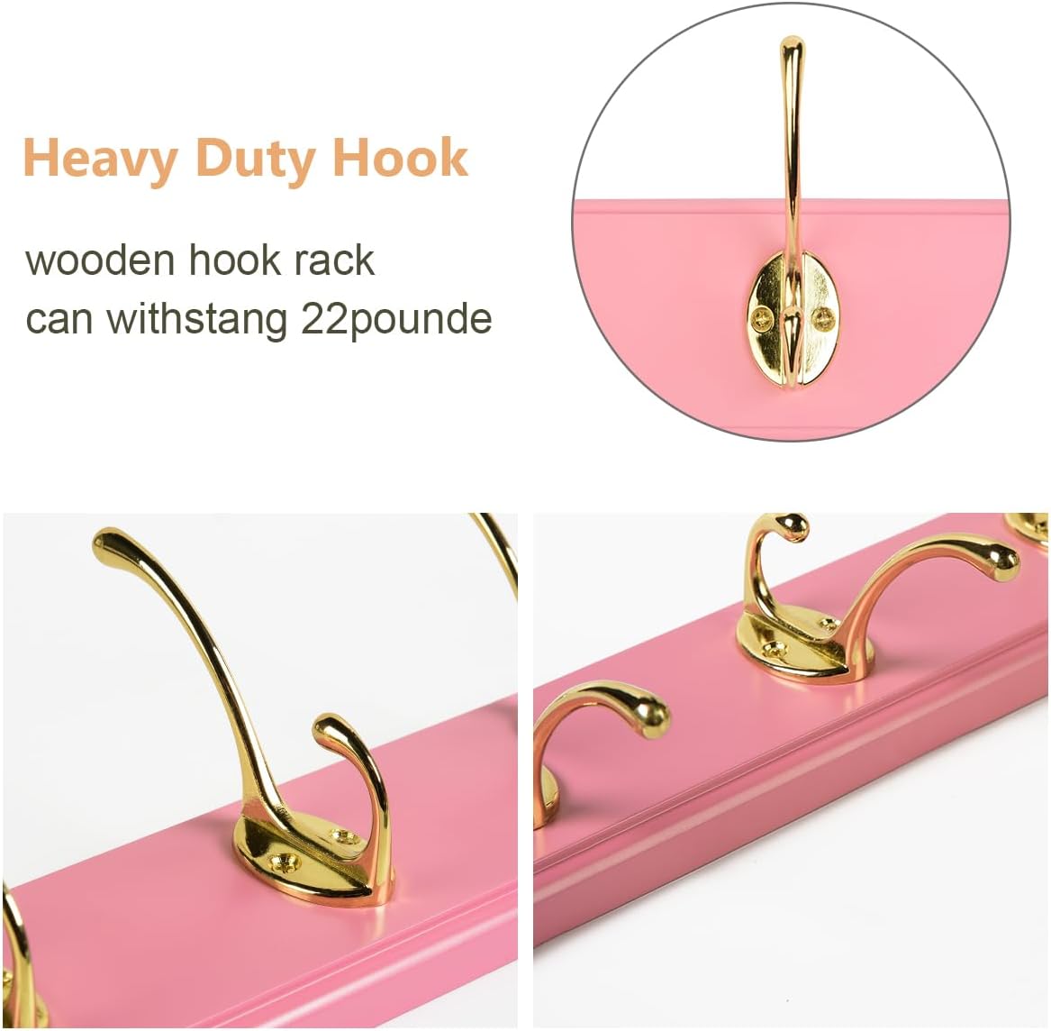 Wall Mount Bamboo Coat Rack, 17 Inch 5 Double Hooks, Pink and Gold