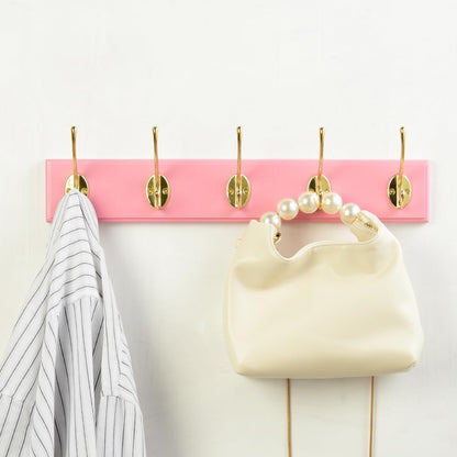 Wall Mount Bamboo Coat Rack, 17 Inch 5 Double Hooks, Pink and Gold