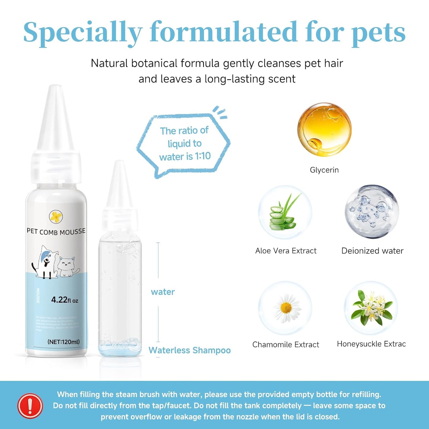 Pet Steam Brush for Dog & Cat - 3-in-1 Steam Grooming Brush for Shedding & Hair Removal - Self Cleaning Spray Comb with Mist for Long Haired Pets - Includes 1*Waterless Shampoo, Blue.