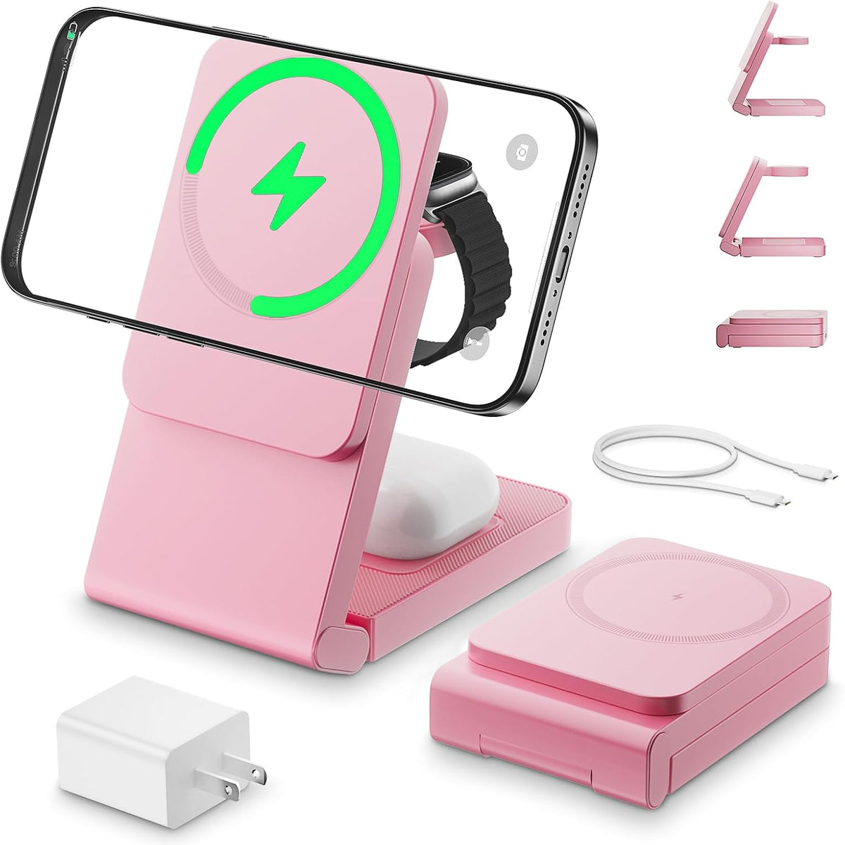 3-in-1 Charging Station for Apple Devices, Foldable Magnetic Wireless Charger Stand, Fast Charger Station for iPhone17/16/15/14/13/12 Pro Max/ AirPods2/3/4 and IWatch Ultra Series(Pink)