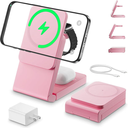3-in-1 Charging Station for Apple Devices, Foldable Magnetic Wireless Charger Stand, Fast Charger Station for iPhone17/16/15/14/13/12 Pro Max/ AirPods2/3/4 and IWatch Ultra Series(Pink)