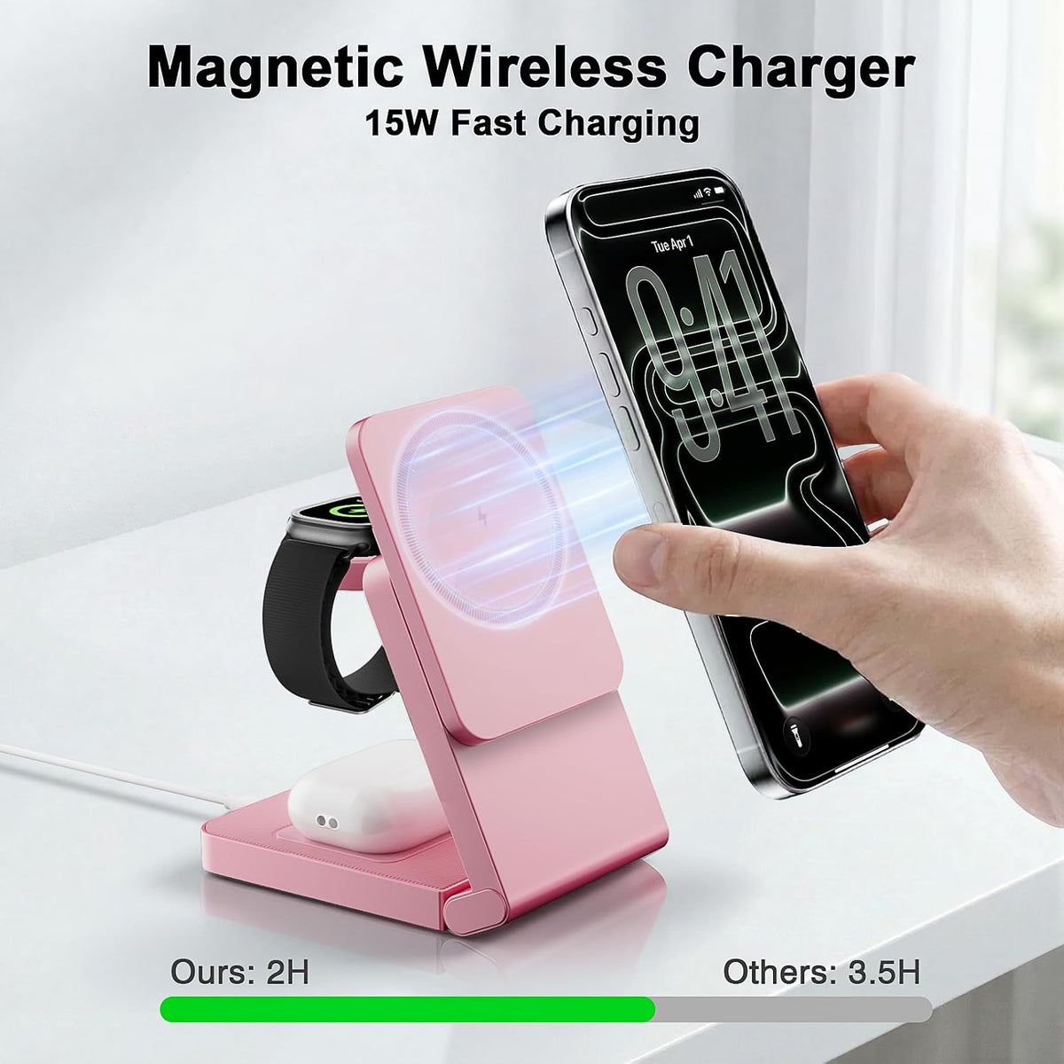 3-in-1 Charging Station for Apple Devices, Foldable Magnetic Wireless Charger Stand, Fast Charger Station for iPhone17/16/15/14/13/12 Pro Max/ AirPods2/3/4 and IWatch Ultra Series(Pink)