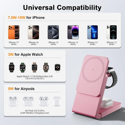3-in-1 Charging Station for Apple Devices, Foldable Magnetic Wireless Charger Stand, Fast Charger Station for iPhone17/16/15/14/13/12 Pro Max/ AirPods2/3/4 and IWatch Ultra Series(Pink)