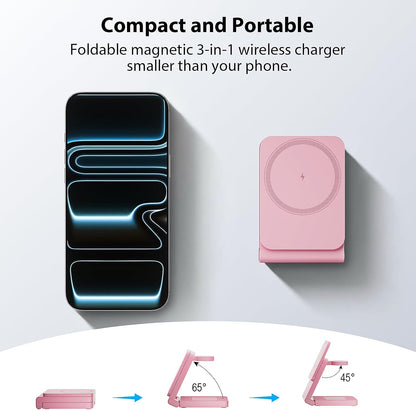 3-in-1 Charging Station for Apple Devices, Foldable Magnetic Wireless Charger Stand, Fast Charger Station for iPhone17/16/15/14/13/12 Pro Max/ AirPods2/3/4 and IWatch Ultra Series(Pink)
