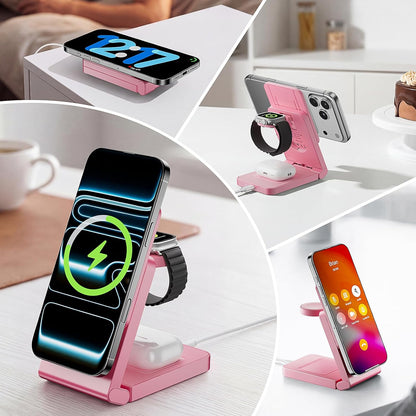 3-in-1 Charging Station for Apple Devices, Foldable Magnetic Wireless Charger Stand, Fast Charger Station for iPhone17/16/15/14/13/12 Pro Max/ AirPods2/3/4 and IWatch Ultra Series(Pink)