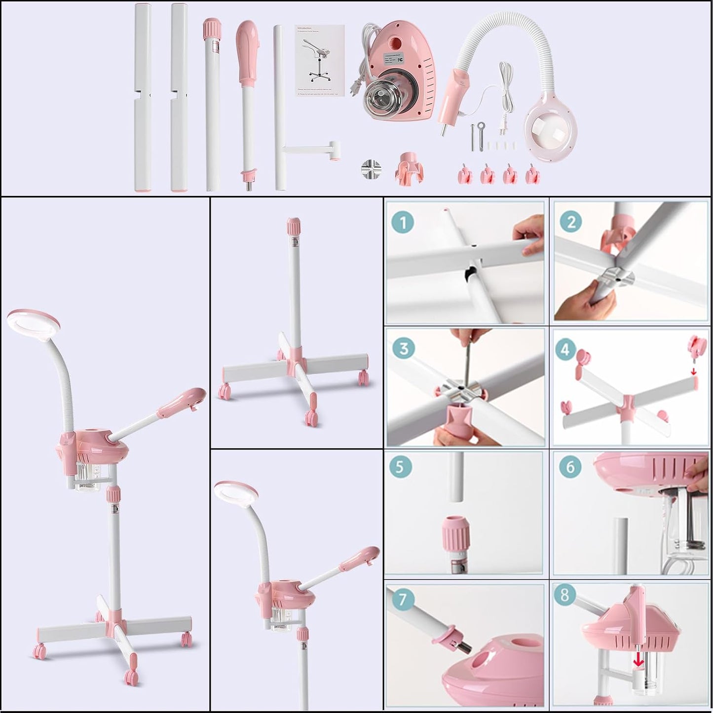 Professional Facial Steamer, 2In1 Face Steamer on Wheels for Facial Deep Cleaning, SPA Facial Steamer for Esthetician with 5X Magnifying Lamp, Stand Face Steamer with Time Setting, Pink