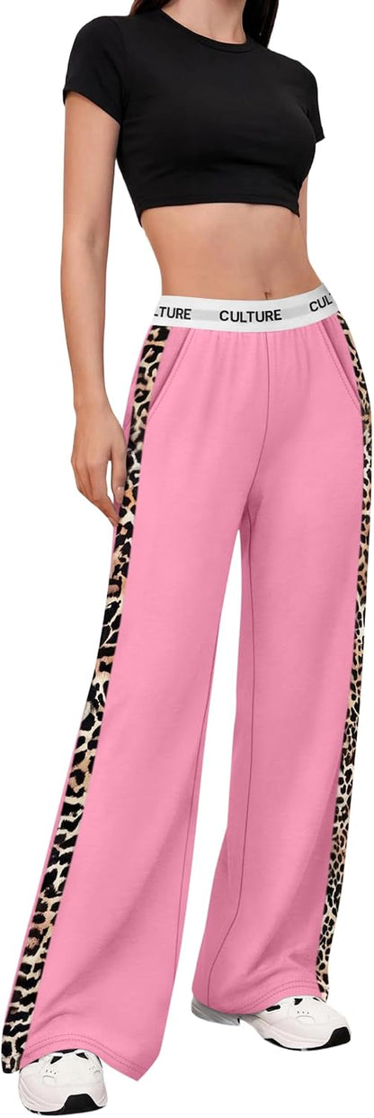 Women Baggy Pants Leopard Print Block Side Teen Wide Leg Open Bottom Sweatpants Y2K Elastic Waist Trousers