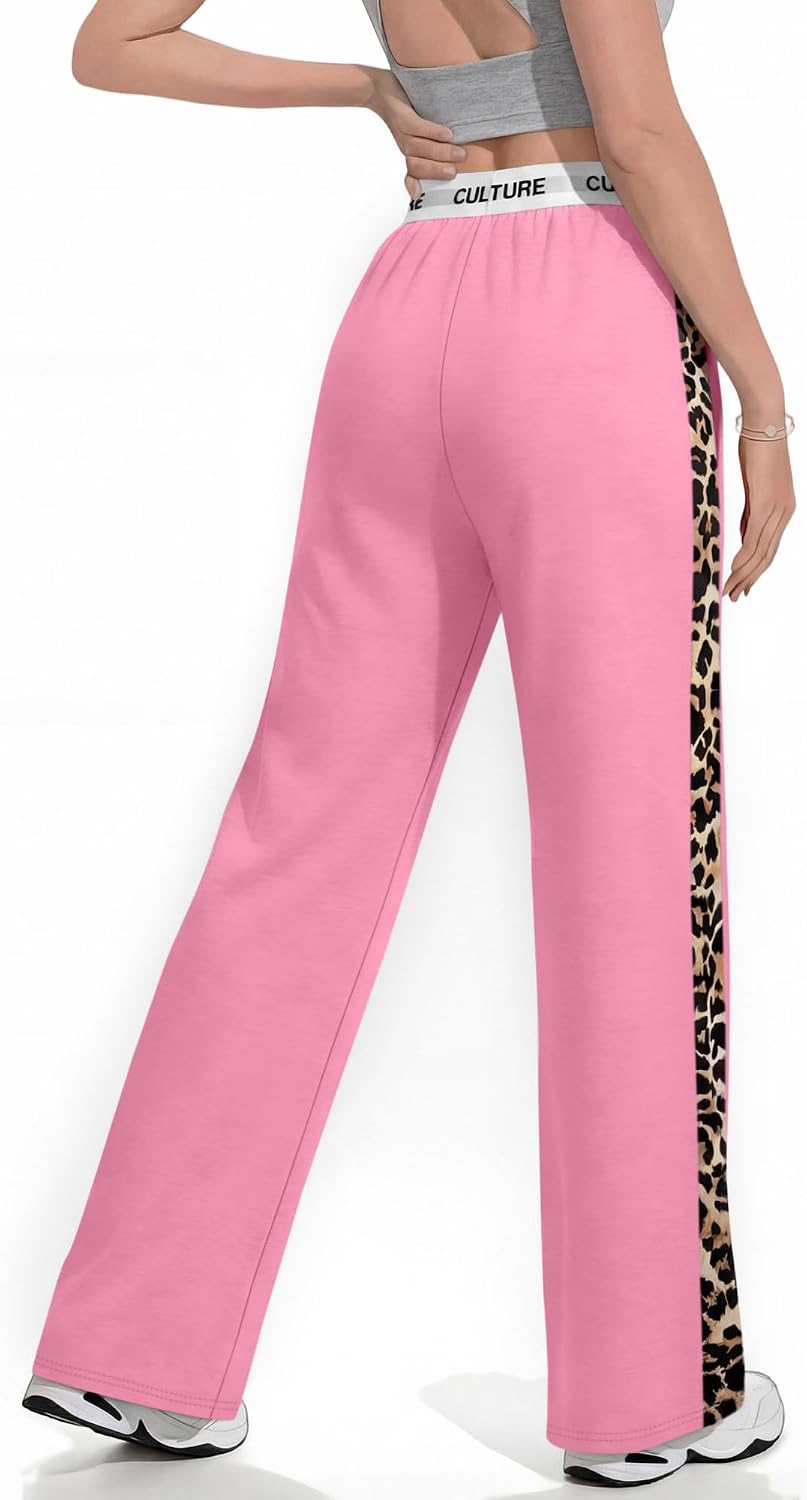 Women Baggy Pants Leopard Print Block Side Teen Wide Leg Open Bottom Sweatpants Y2K Elastic Waist Trousers