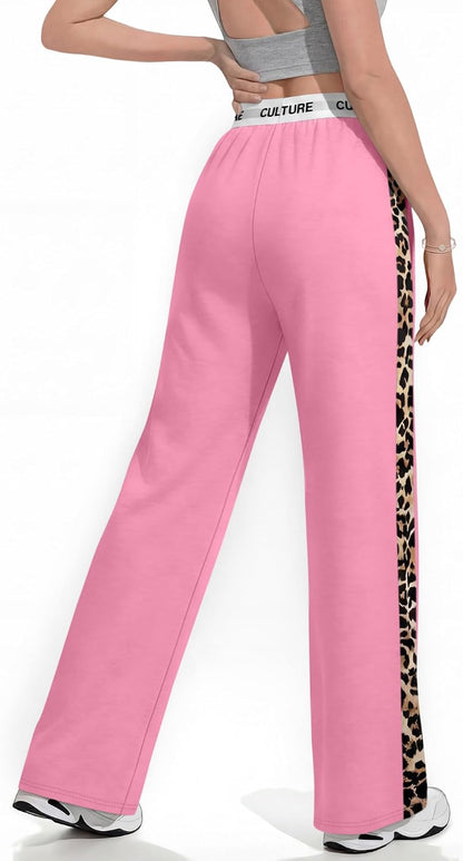 Women Baggy Pants Leopard Print Block Side Teen Wide Leg Open Bottom Sweatpants Y2K Elastic Waist Trousers