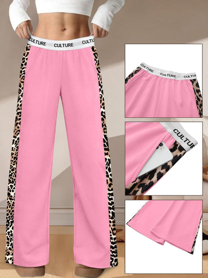 Women Baggy Pants Leopard Print Block Side Teen Wide Leg Open Bottom Sweatpants Y2K Elastic Waist Trousers