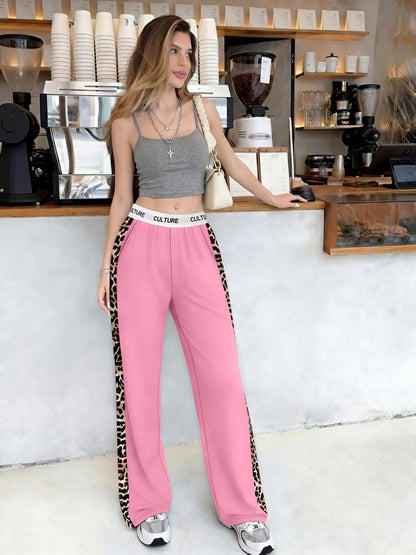 Women Baggy Pants Leopard Print Block Side Teen Wide Leg Open Bottom Sweatpants Y2K Elastic Waist Trousers