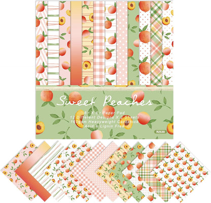 Fruit Themed Scrapbook Paper, 24 Sheets Summer Single -sided Pattern Papers 160GSM Square Decorative Cardstock Paper for Scrapbooking DIY Junk Journal Arts Crafts 6 inches (peach)