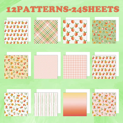 Fruit Themed Scrapbook Paper, 24 Sheets Summer Single -sided Pattern Papers 160GSM Square Decorative Cardstock Paper for Scrapbooking DIY Junk Journal Arts Crafts 6 inches (peach)