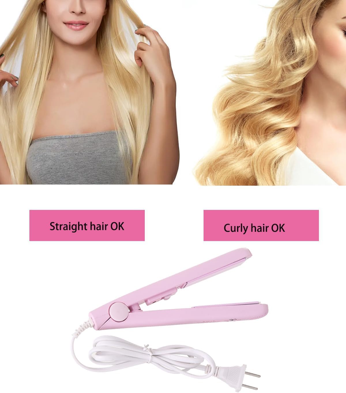 Mini Hair Straightener,Mini Flat Iron 2 in 1 Hair Curler 100-240v 20w Tourmaline Ceramic + Plastic,Mini Flat Iron Small Mini Straightener Flat Iron for Travel, Dormitory Or Home (Pink/Us Plug)