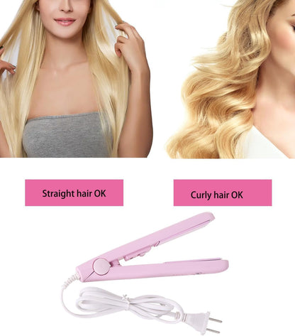 Mini Hair Straightener,Mini Flat Iron 2 in 1 Hair Curler 100-240v 20w Tourmaline Ceramic + Plastic,Mini Flat Iron Small Mini Straightener Flat Iron for Travel, Dormitory Or Home (Pink/Us Plug)