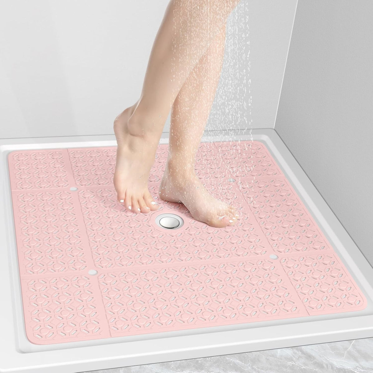 Square Shower Mat, 27"x 27" Extra Large Shower Mats for Inside Shower, TPE Anti Slip Shower mat with Suction Cups Drain Holes, Machine Washable Shower Floor Mat (Light Pink)