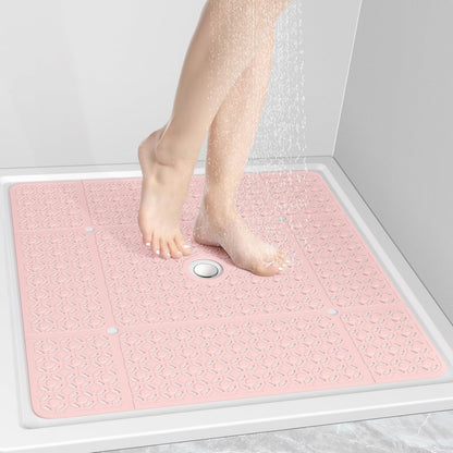Square Shower Mat, 27"x 27" Extra Large Shower Mats for Inside Shower, TPE Anti Slip Shower mat with Suction Cups Drain Holes, Machine Washable Shower Floor Mat (Light Pink)