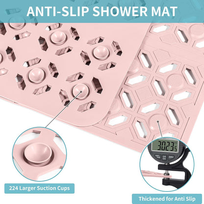 Square Shower Mat, 27"x 27" Extra Large Shower Mats for Inside Shower, TPE Anti Slip Shower mat with Suction Cups Drain Holes, Machine Washable Shower Floor Mat (Light Pink)