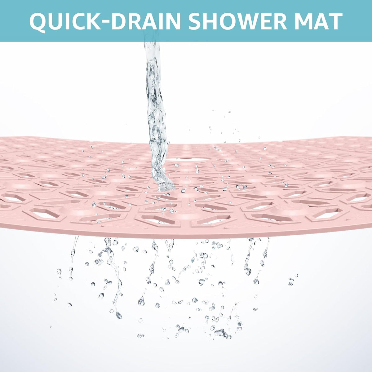 Square Shower Mat, 27"x 27" Extra Large Shower Mats for Inside Shower, TPE Anti Slip Shower mat with Suction Cups Drain Holes, Machine Washable Shower Floor Mat (Light Pink)