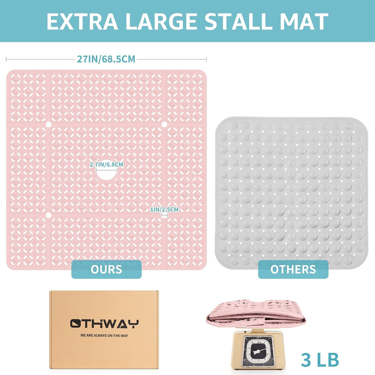 Square Shower Mat, 27"x 27" Extra Large Shower Mats for Inside Shower, TPE Anti Slip Shower mat with Suction Cups Drain Holes, Machine Washable Shower Floor Mat (Light Pink)