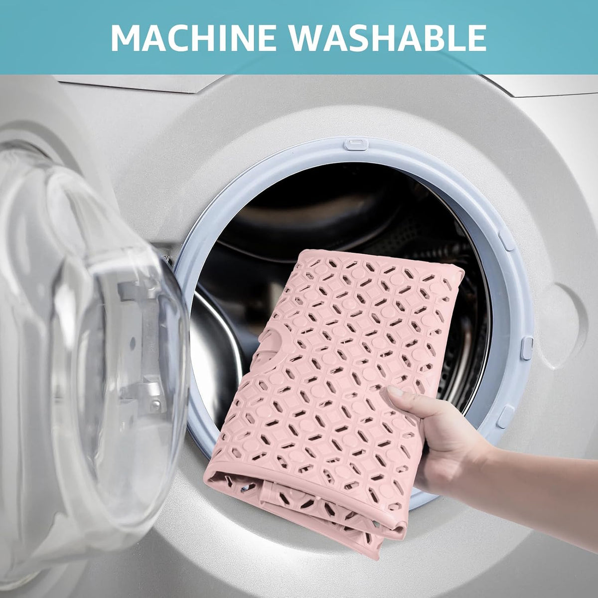 Square Shower Mat, 27"x 27" Extra Large Shower Mats for Inside Shower, TPE Anti Slip Shower mat with Suction Cups Drain Holes, Machine Washable Shower Floor Mat (Light Pink)