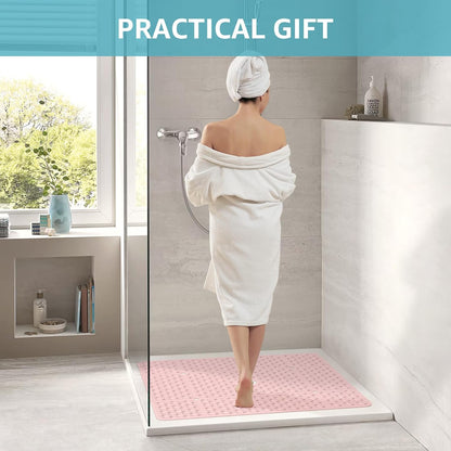 Square Shower Mat, 27"x 27" Extra Large Shower Mats for Inside Shower, TPE Anti Slip Shower mat with Suction Cups Drain Holes, Machine Washable Shower Floor Mat (Light Pink)