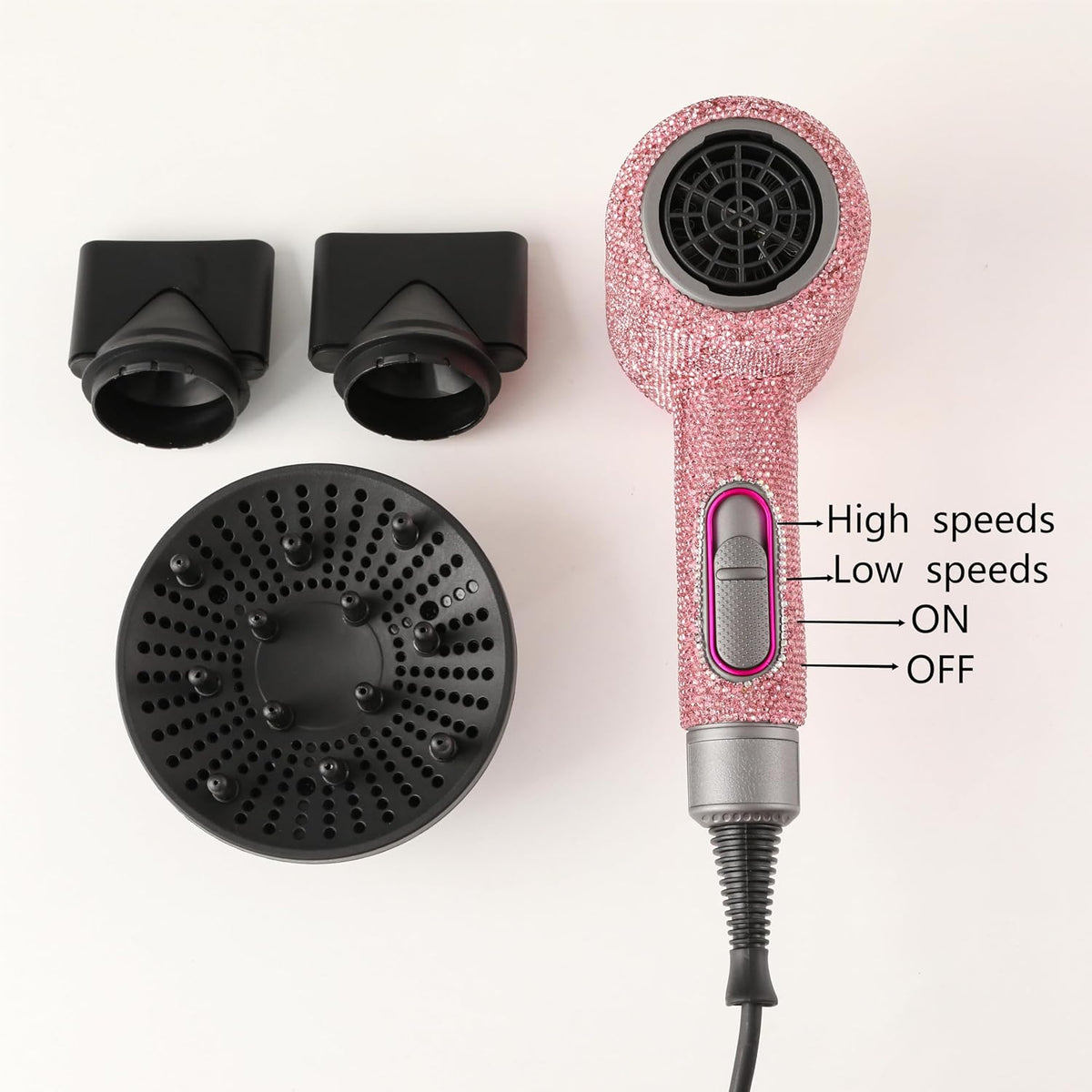 Bling Diamond Dryer with Rhinestone,Ionic Hair Dryer, 1800W Professional Ionic Hair Blow Dryer with 3 Heat/2 Speed, 3 Temperature & 2 Wind Speed for Women Bedazzled,Pink