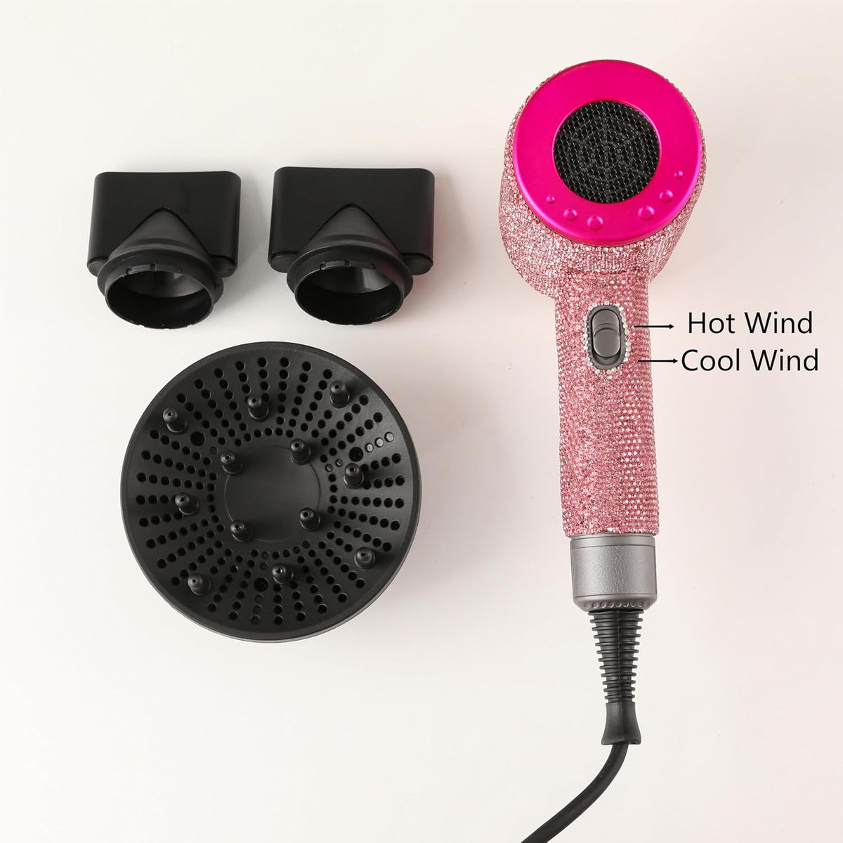Bling Diamond Dryer with Rhinestone,Ionic Hair Dryer, 1800W Professional Ionic Hair Blow Dryer with 3 Heat/2 Speed, 3 Temperature & 2 Wind Speed for Women Bedazzled,Pink