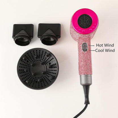 Bling Diamond Dryer with Rhinestone,Ionic Hair Dryer, 1800W Professional Ionic Hair Blow Dryer with 3 Heat/2 Speed, 3 Temperature & 2 Wind Speed for Women Bedazzled,Pink