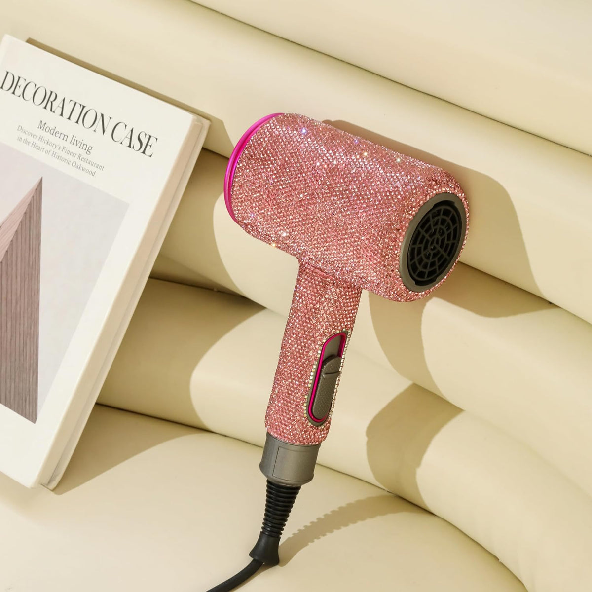 Bling Diamond Dryer with Rhinestone,Ionic Hair Dryer, 1800W Professional Ionic Hair Blow Dryer with 3 Heat/2 Speed, 3 Temperature & 2 Wind Speed for Women Bedazzled,Pink