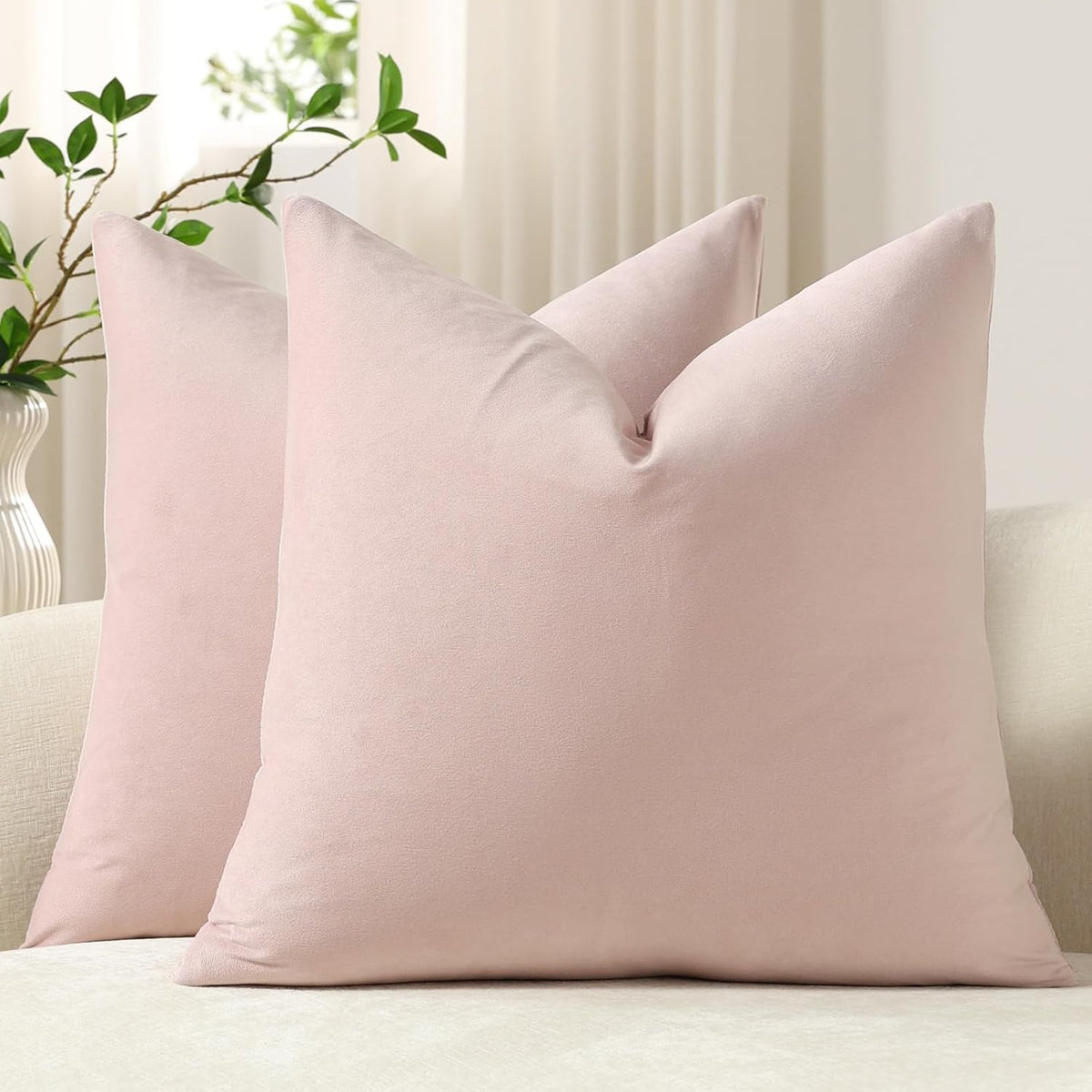 Throw Pillow Covers 16x16 Light Pink: Pack of 2 Cozy Soft Velvet Square Modern Luxury Decorative Throw Pillow Cases for Sofa Couch Living Room Bed Home Decor