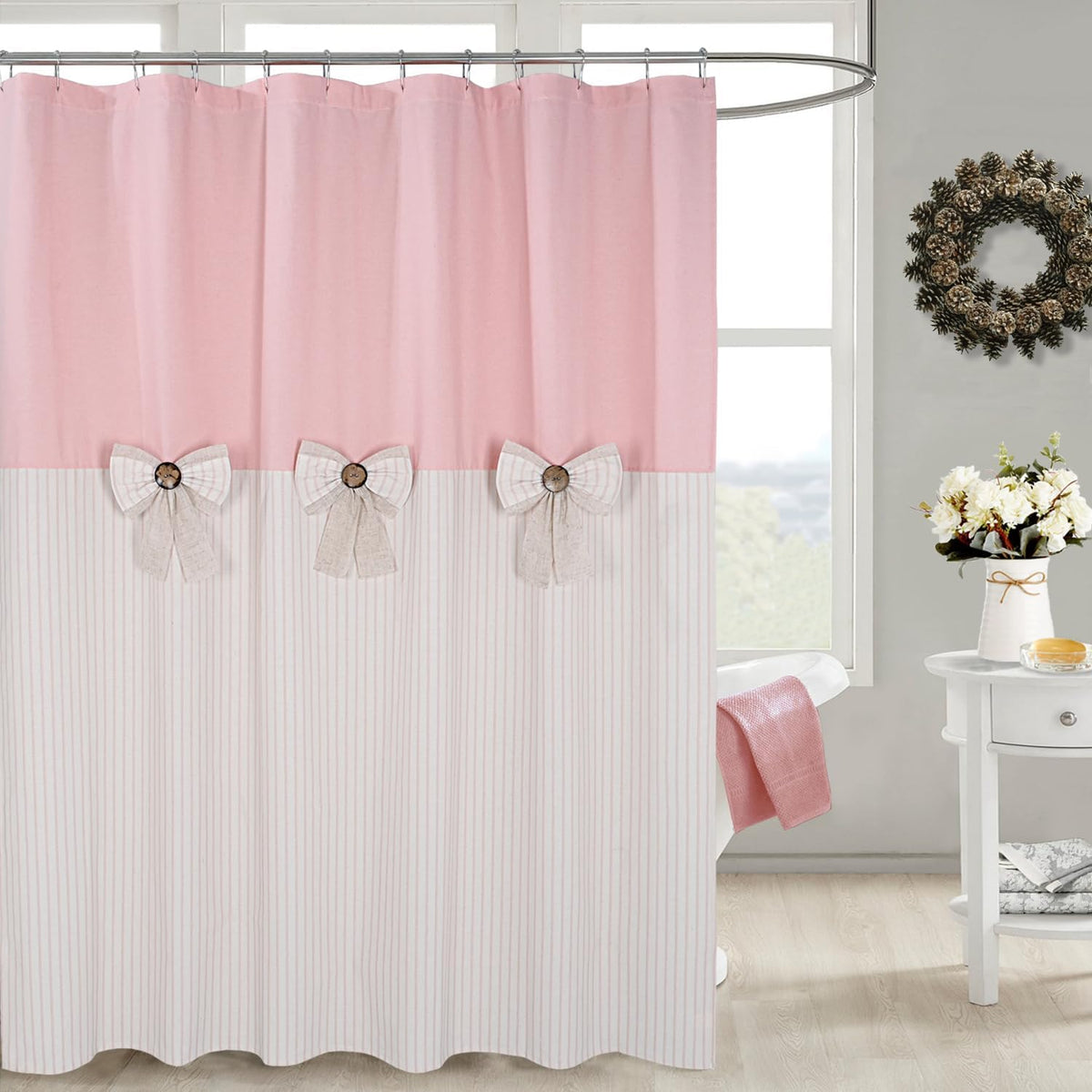 Farmhouse Pink Shower Curtain, Bowknot, Cotton Blend Fabric, Pleated Pink Stripe, Country Style, 72x72 in, Bathroom
