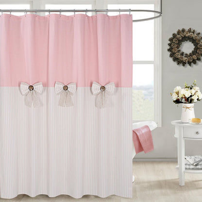 Farmhouse Pink Shower Curtain, Bowknot, Cotton Blend Fabric, Pleated Pink Stripe, Country Style, 72x72 in, Bathroom