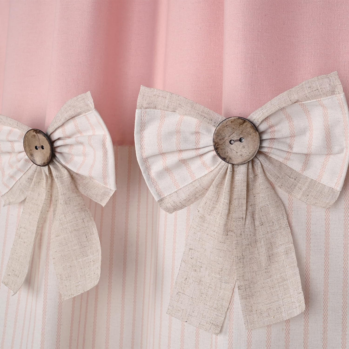 Farmhouse Pink Shower Curtain, Bowknot, Cotton Blend Fabric, Pleated Pink Stripe, Country Style, 72x72 in, Bathroom
