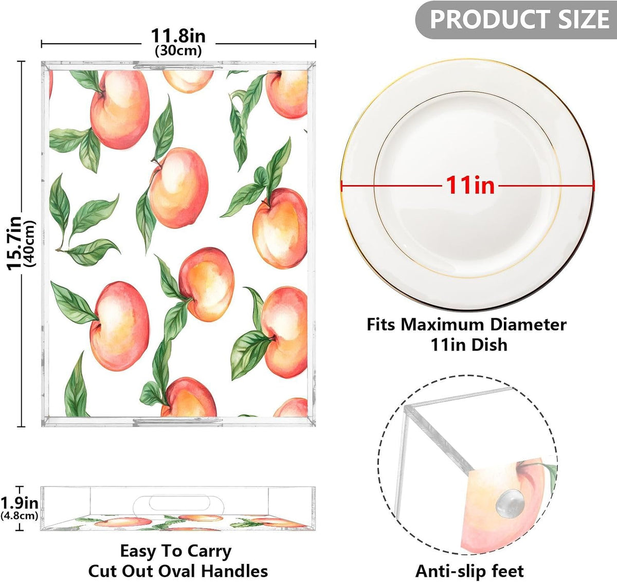 Peach Acrylic Serving Tray with Handles 15.7 x 11.8 Inch, Clear Reusable Decorative Tray, Multi-Purpose Spill Proof Table Tray for Party, Coffee, Bathroom, Kitchen, Office