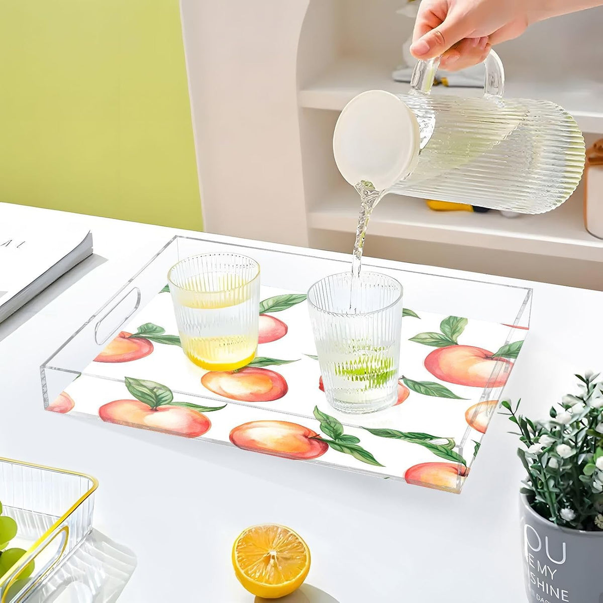 Peach Acrylic Serving Tray with Handles 15.7 x 11.8 Inch, Clear Reusable Decorative Tray, Multi-Purpose Spill Proof Table Tray for Party, Coffee, Bathroom, Kitchen, Office