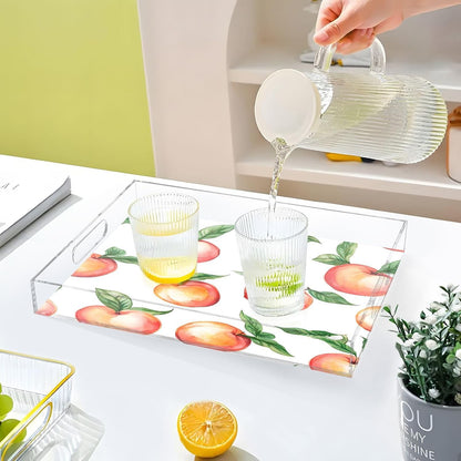 Peach Acrylic Serving Tray with Handles 15.7 x 11.8 Inch, Clear Reusable Decorative Tray, Multi-Purpose Spill Proof Table Tray for Party, Coffee, Bathroom, Kitchen, Office
