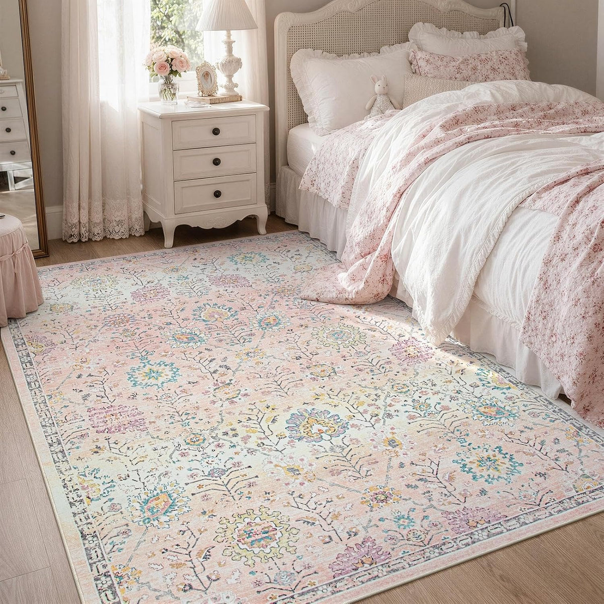Pink Rug for Girls Bedroom 5x7, Soft Washable Floral Dorm Rug, Boho Non Slip Pastel Classroom Carpect for Dorm Room, Kids Room, Nursery and Playroom